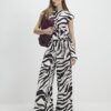 White Zebra Print Wide Leg Trousers