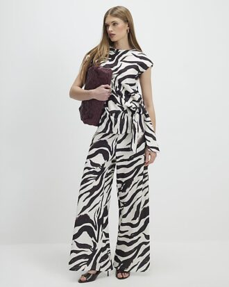 White Zebra Print Wide Leg Trousers