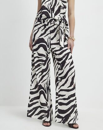 White Zebra Print Wide Leg Trousers