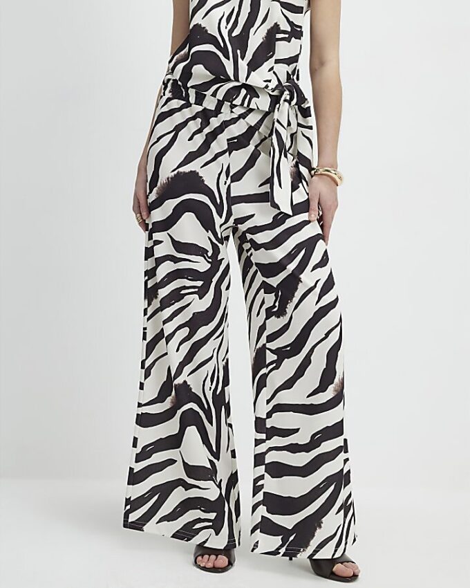 White Zebra Print Wide Leg Trousers