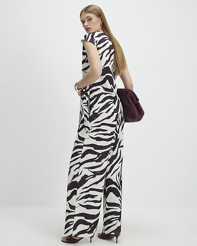 White Zebra Print Wide Leg Trousers